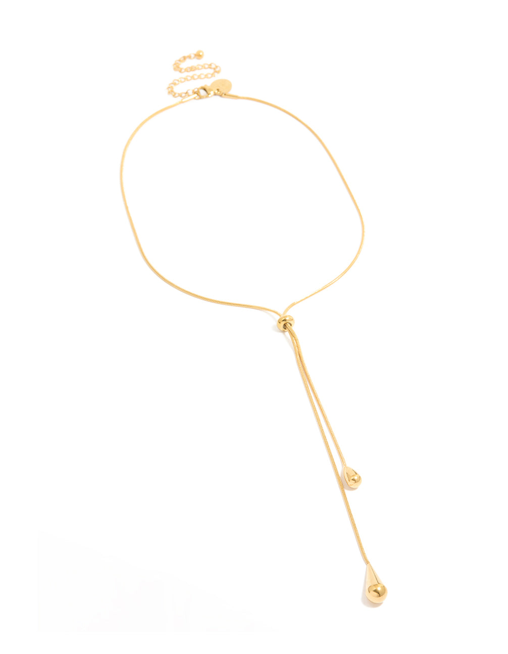 Featuring waterproof gold plated stainless steel, this pull through lariat necklace front view