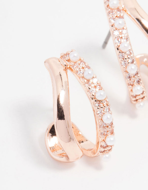 Rose Gold Plated Cubic Zirconia & Pearl Hoop Earrings