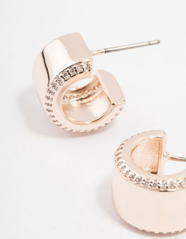 Rose Gold Plated Cubic Zirconia Chunky Pave Side Hoop Earrings