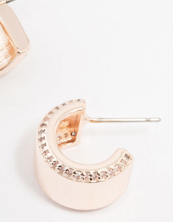 Rose Gold Plated Cubic Zirconia Chunky Pave Side Hoop Earrings