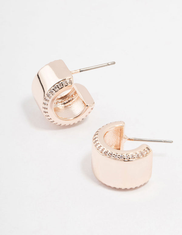 Rose Gold Plated Cubic Zirconia Chunky Pave Side Hoop Earrings