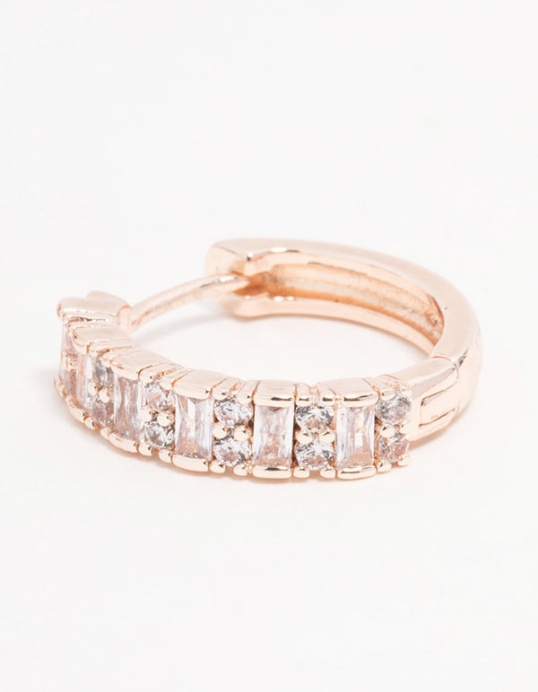 Rose Gold Plated Cubic Zirconia Pave Baguette Hoop Earrings