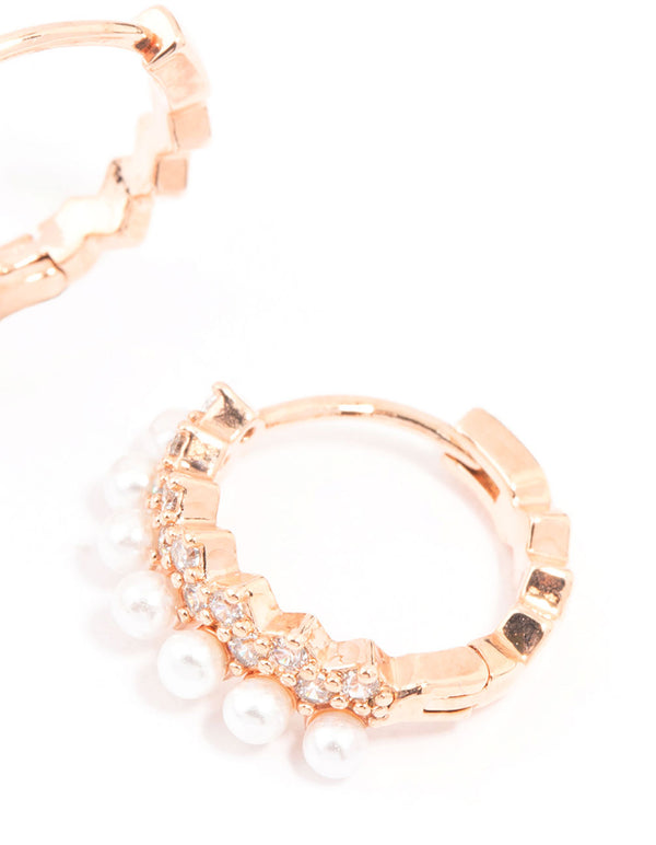 Rose Gold Plated Cubic Zirconia Pave Pearl Hoop Earrings