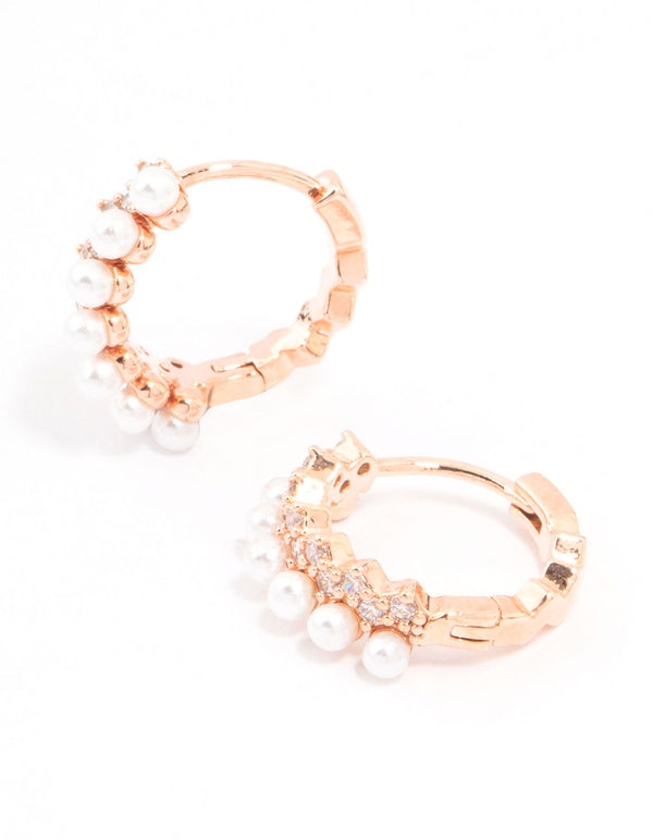 Rose Gold Plated Cubic Zirconia Pave Pearl Hoop Earrings
