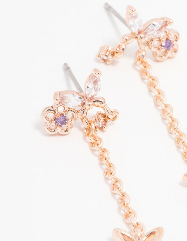 Rose Gold Plated Butterfly Stud & Chain Drop Earrings