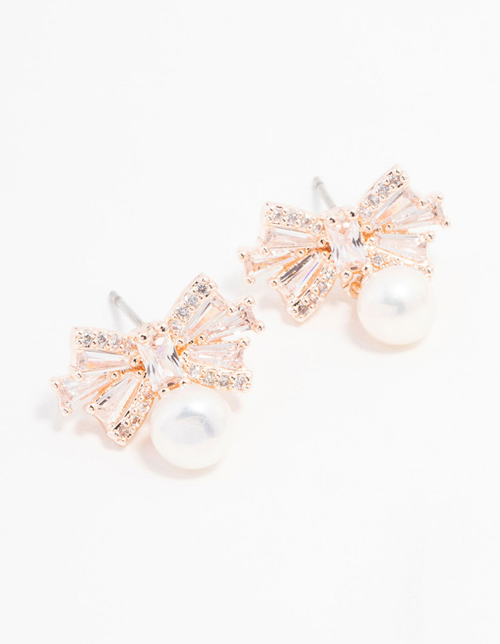 Rose Gold Plated Cubic Zirconia Baguette Bow & Pearl Drop Earrings