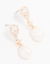 Rose Gold Plated Cubic Zirconia Halo Pearl Drop Earrings - link has visual effect only