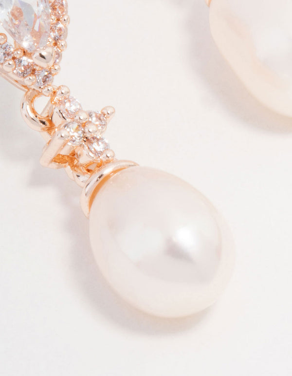 Rose Gold Plated Cubic Zirconia Halo Pearl Drop Earrings