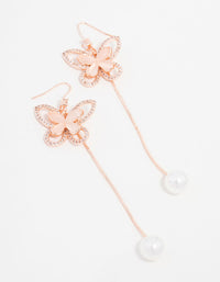 Rose Gold Plated Long Butterfly And Pearl Drop Earrings - link has visual effect only
