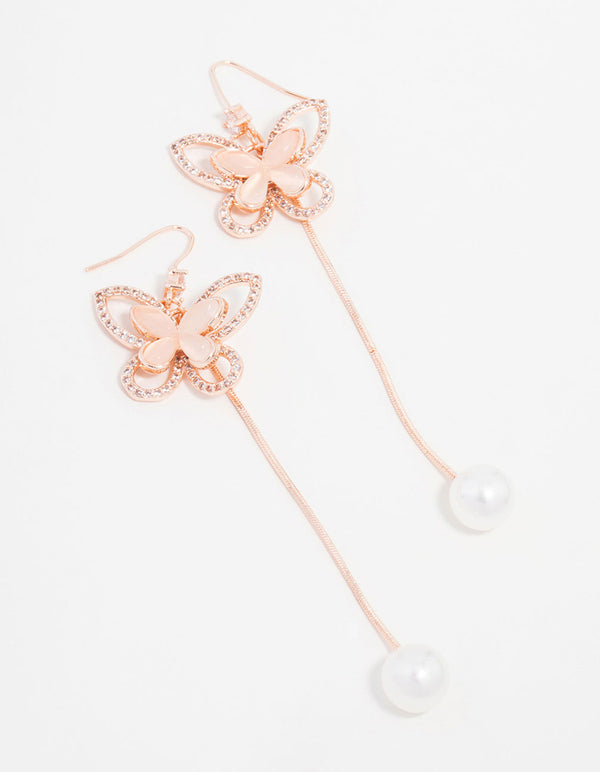 Rose Gold Plated Long Butterfly And Pearl Drop Earrings