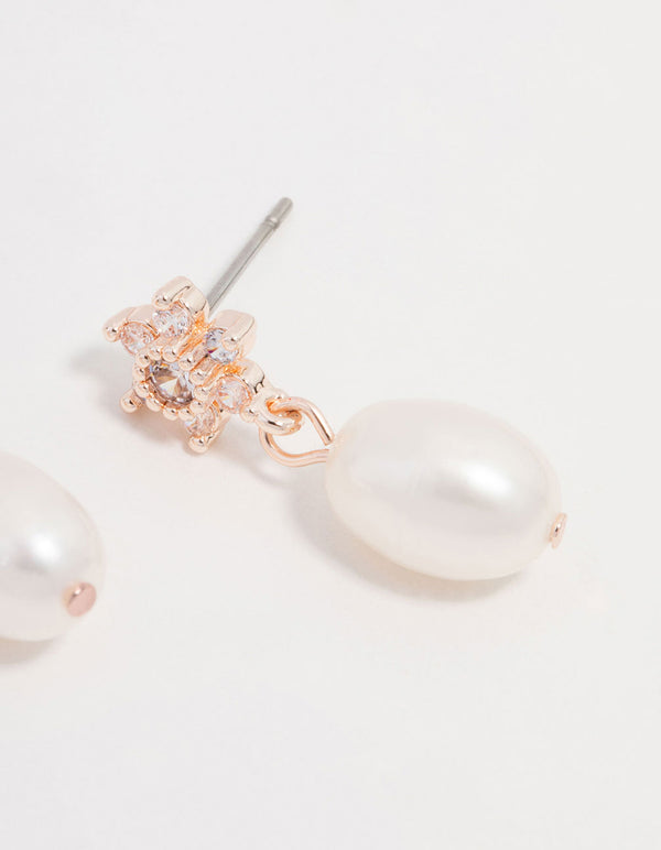 Rose Gold Plated Cubic Zirconia Flower Pearl Drop Earrings