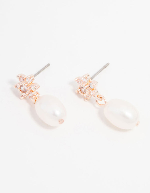 Rose Gold Plated Cubic Zirconia Flower Pearl Drop Earrings