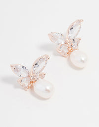 Rose Gold Plated Cubic Zirconia Butterfly Pearl Drop Earrings - link has visual effect only
