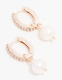 Rose Gold Plated Cubic Zirconia Pave Pearl Drop Hoop Earrings - link has visual effect only