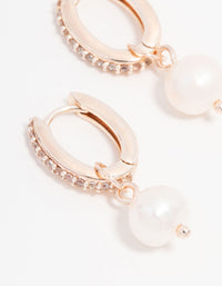 Rose Gold Plated Cubic Zirconia Pave Pearl Drop Hoop Earrings - link has visual effect only