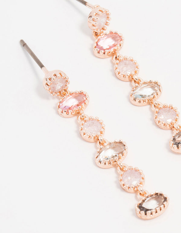 Rose Gold Plated Cubic Zirconia Oval & Round Stone Drop Earrings