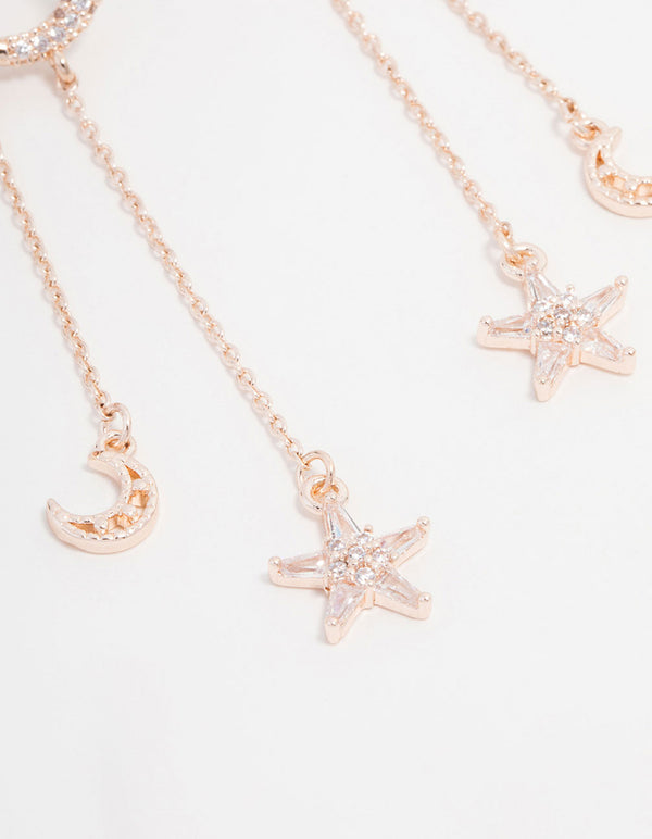Rose Gold Plated Cubic Zirconia Moon & Star Drop Earrings