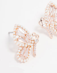 Rose Gold Plated Cubic Zirconia Baguette & Pearl Butterfly Stud Earrings - link has visual effect only