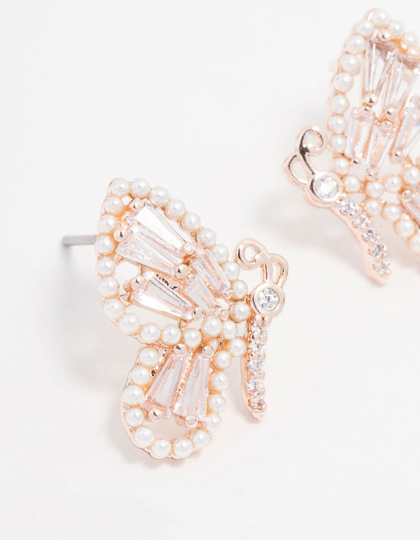 Rose Gold Plated Cubic Zirconia Baguette & Pearl Butterfly Stud Earrings