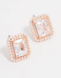 Rose Gold Plated Radiant Cubic Zirconia Halo Pearl Earrings - link has visual effect only