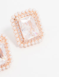 Rose Gold Plated Radiant Cubic Zirconia Halo Pearl Earrings - link has visual effect only