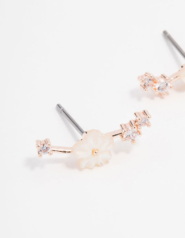 Rose Gold Plated Cubic Zirconia Flower Crawler Earrings