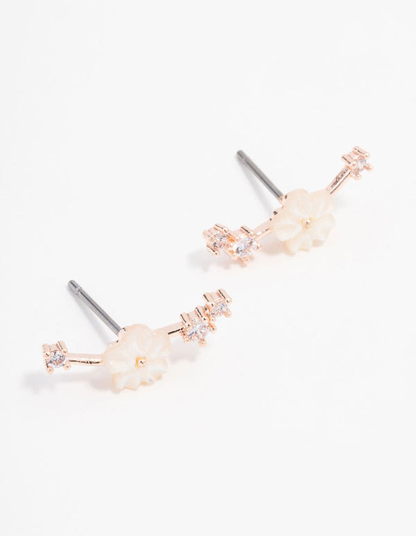 Rose Gold Plated Cubic Zirconia Flower Crawler Earrings