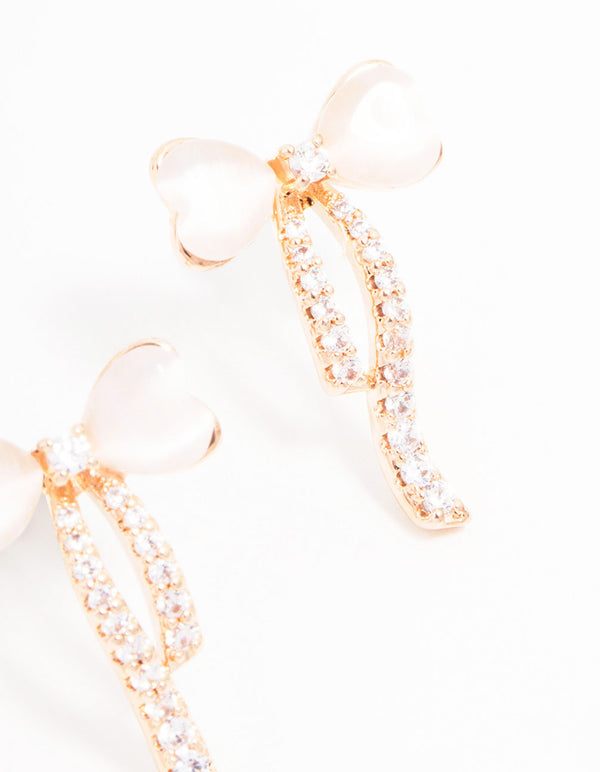 Rose Gold Plated Cubic Zirconia Heart & Bow Stud Earrings