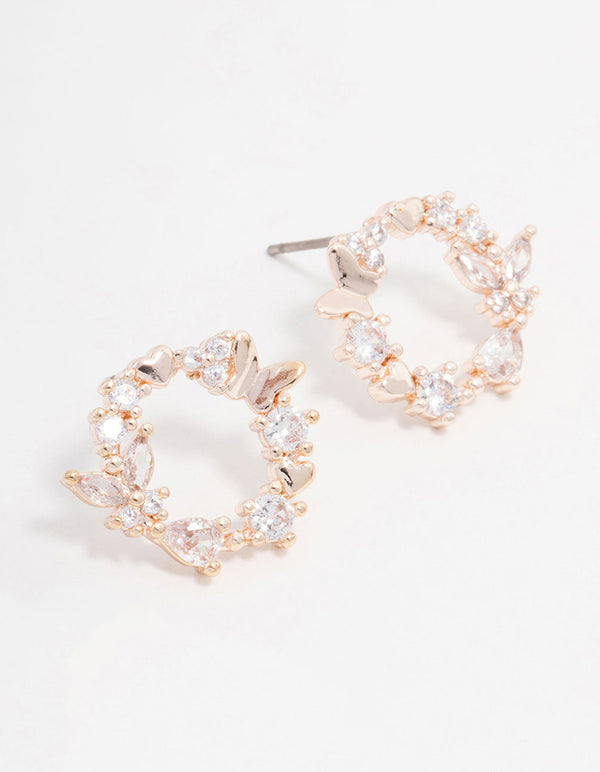 Rose Gold Plated Cubic Zirconia Butterfly Wreath Earrings