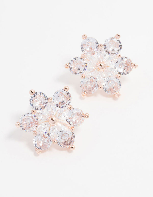Rose Gold Plated Large Round Cubic Zirconia Marquise Flower Earrings