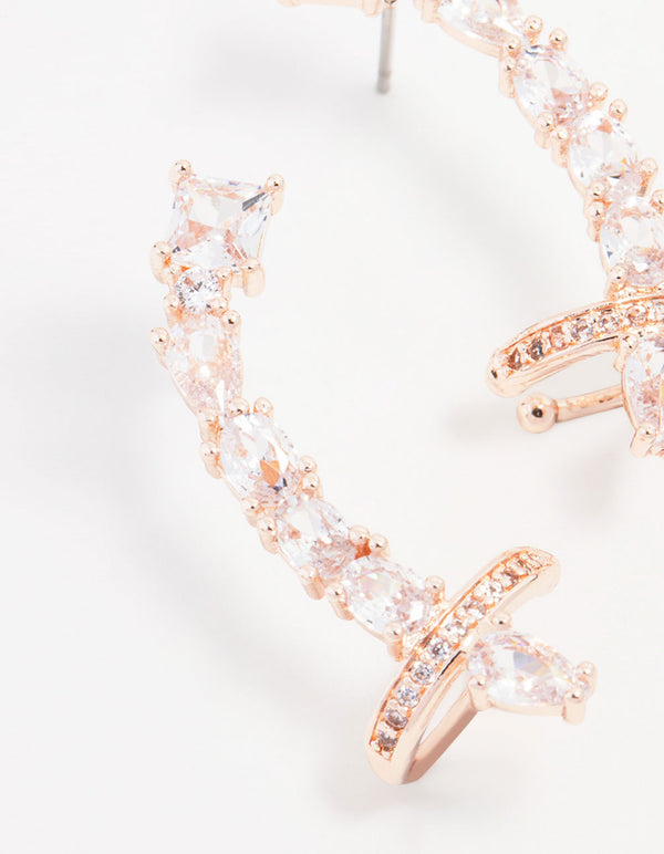 Rose Gold Plated Cubic Zirconia Oval & Square Ear Crawler Cuff Earrings