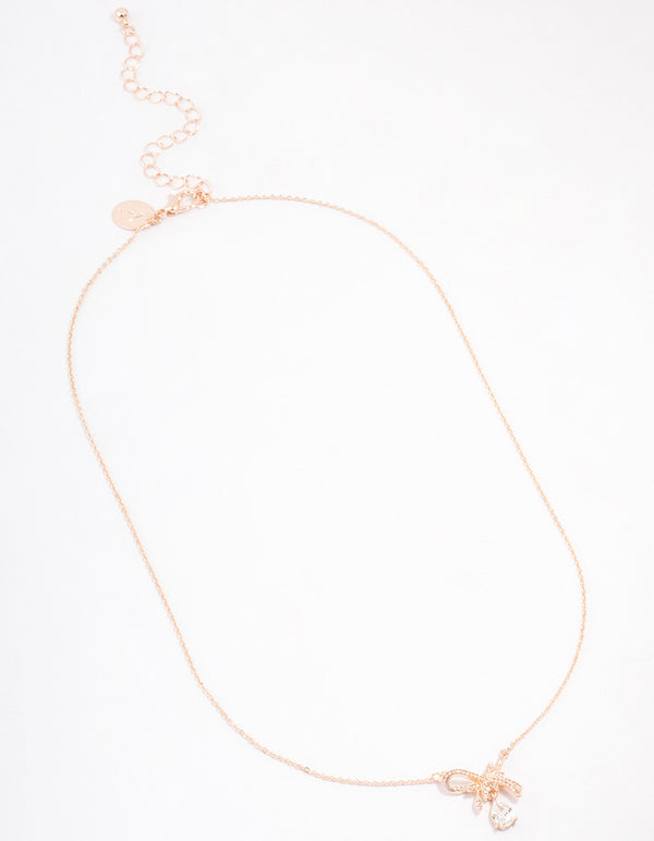 Rose Gold Plated Cubic Zirconia Bow Drop Necklace