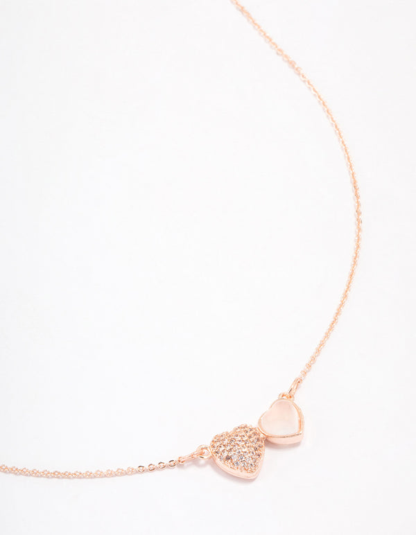 Rose Gold Plated Cubic Zirconia Double Pave Heart Necklace
