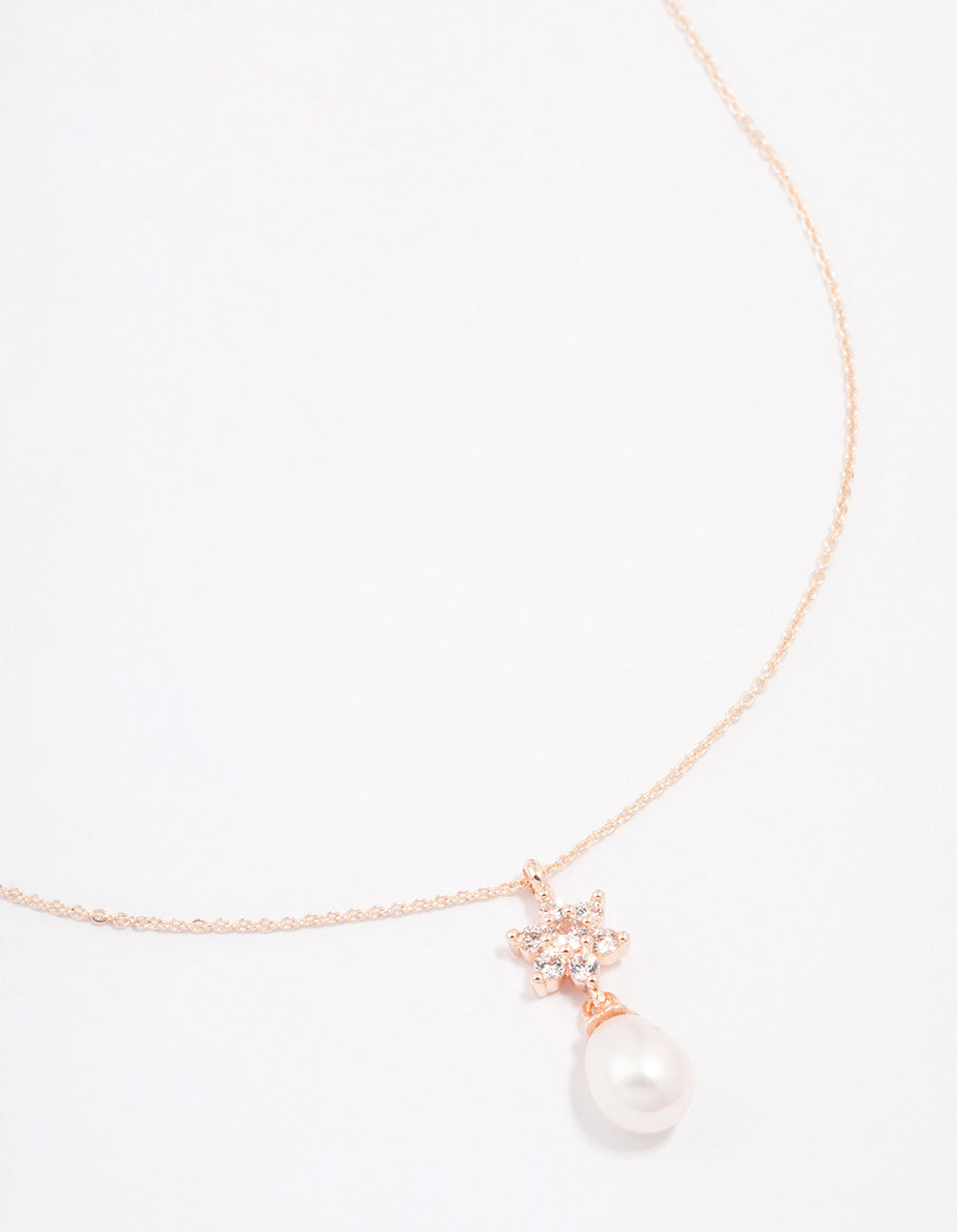Rose Gold Plated Cubic Zirconia Pearl Flower Drop Necklace