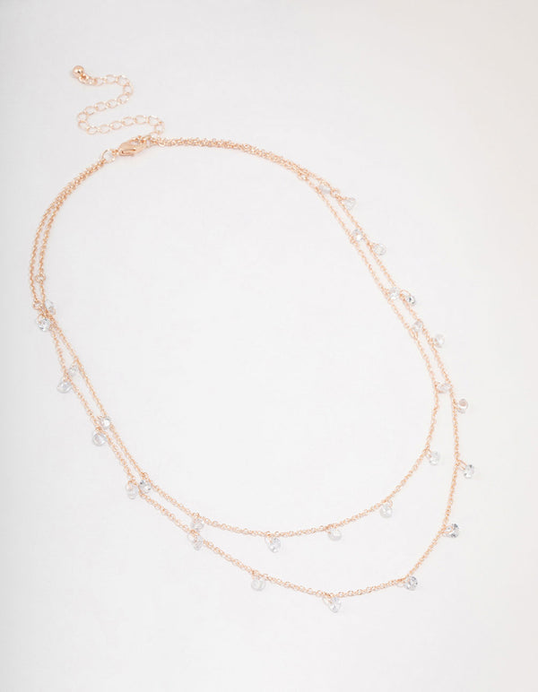 Rose Gold Plated Cubic Zirconia Double Station Drop Necklace