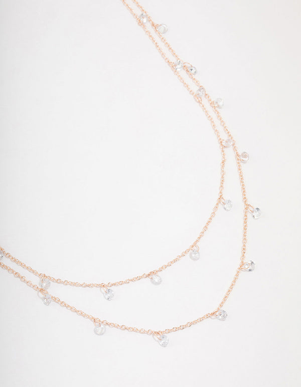 Rose Gold Plated Cubic Zirconia Double Station Drop Necklace