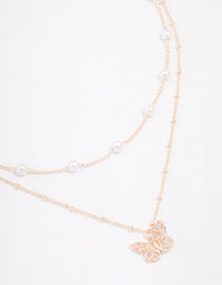 Rose Gold Plated Cubic Zirconia Butterfly & Pearl Double Necklace - link has visual effect only