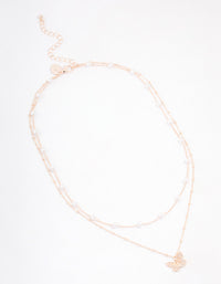 Rose Gold Plated Cubic Zirconia Butterfly & Pearl Double Necklace - link has visual effect only