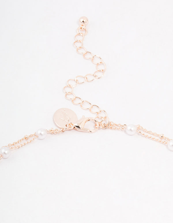 Rose Gold Plated Cubic Zirconia Butterfly & Pearl Double Necklace