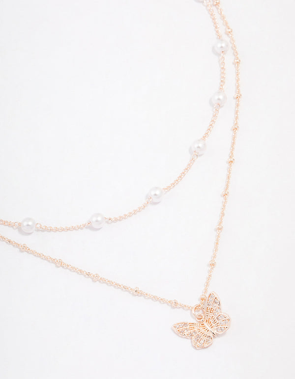 Rose Gold Plated Cubic Zirconia Butterfly & Pearl Double Necklace