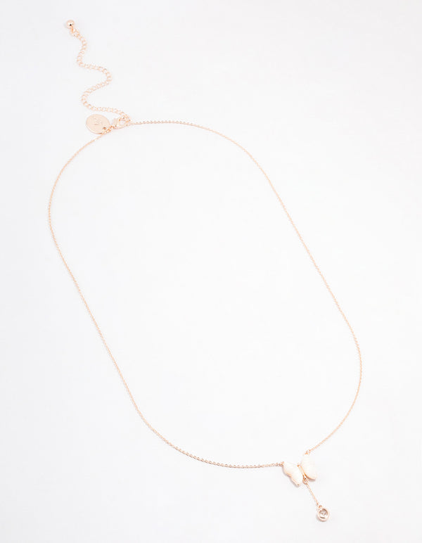 Rose Gold Plated Cubic Zirconia Mother of Pearl Butterfly Drop Necklace