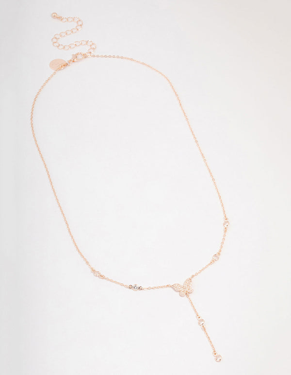 Rose Gold Plated Cubic Zirconia Butterfly Station Y-Necklace