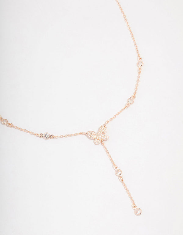 Rose Gold Plated Cubic Zirconia Butterfly Station Y-Necklace