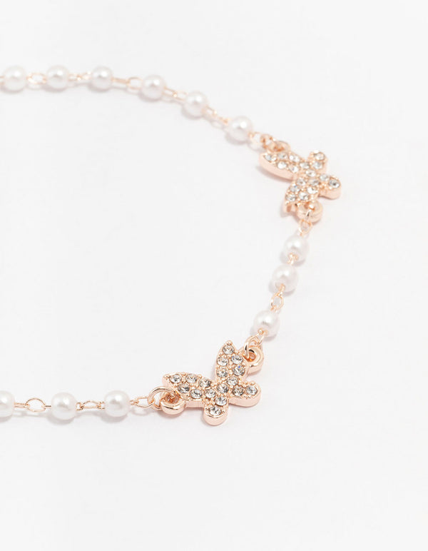 Rose Gold Plated Pearl & Butterfly Charm Bracelet