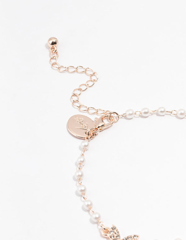 Rose Gold Plated Pearl & Butterfly Charm Bracelet