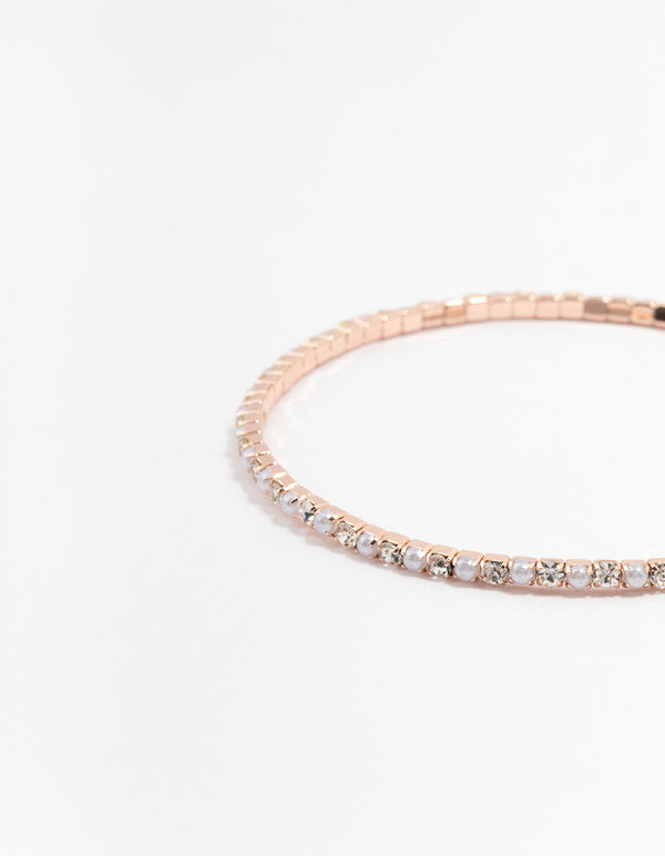 Rose Gold Plated Mini Cubic Zirconia & Pearl Bracelet 2-Pack