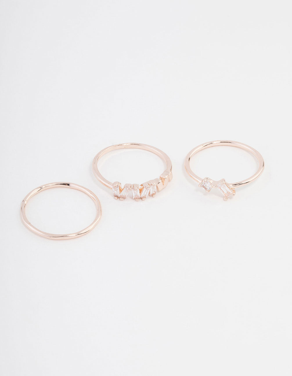 Beautifully crafted rose gold plated cubic zirconia baguette ring 3-pack front view