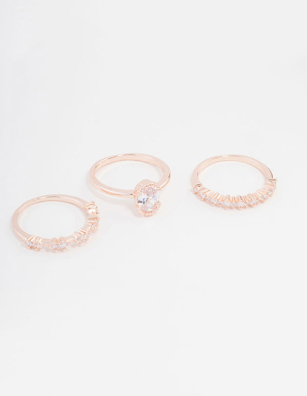 Rose Gold Plated Cubic Zirconia Large Oval Ring 3-Pack