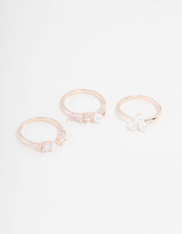 Rose Gold Plated Cubic Zirconia & Quartz Pearl Ring 3-Pack - link has visual effect only