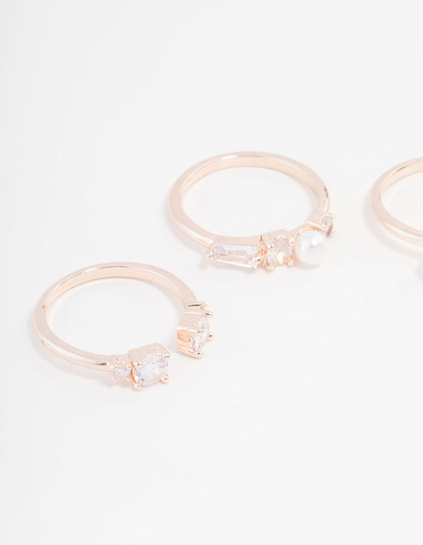 Rose Gold Plated Cubic Zirconia & Quartz Pearl Ring 3-Pack